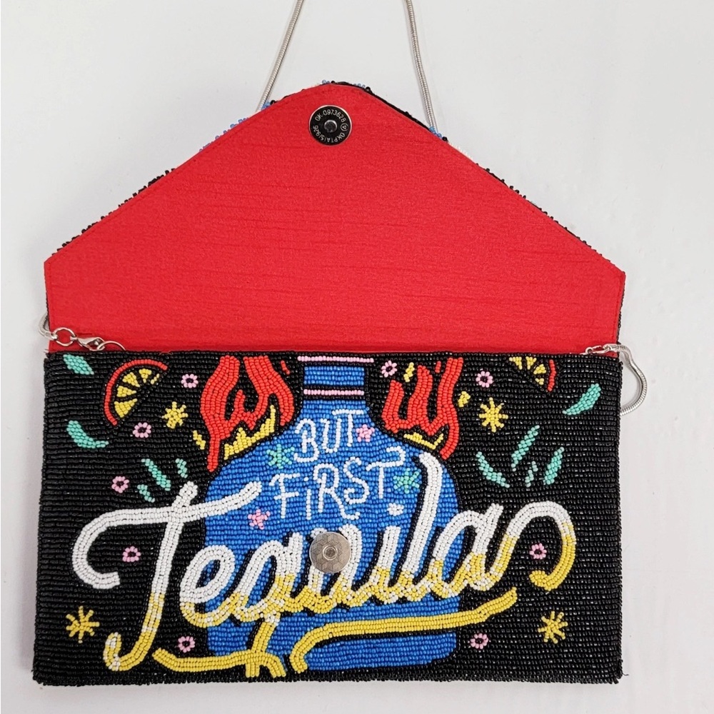 NEW! But First Tequila Beaded Intricate Handmade Quality Beaded Crossbody Clutch